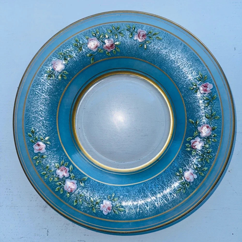 Vintage Blue Glass Plate Pink Rose Floral Hand Painted Gold Trim Lattice Rim